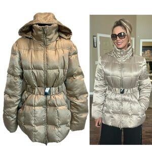 Marvin Richards champagne gold quilted puffer hooded belted coat XL down filled